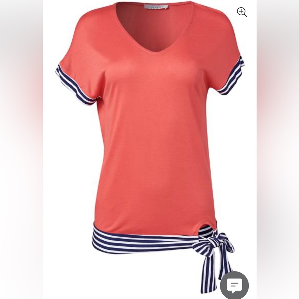 Venus Small Coral with Blue & White Stripe Side Tie Short Sleeve Shirt